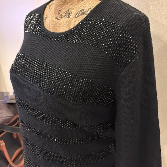 Jaeger Vintage Black Wool Beaded Stripe Sweater  Size Large - Picture 3 of 7
